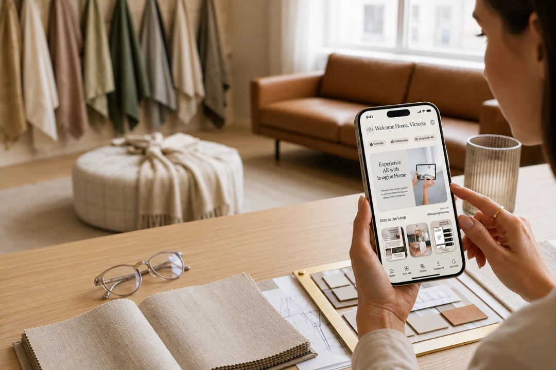 A designer holds a phone showing the Imagine Home app open to an AR feature, at a desk with fabric swatches, a mood board, and a leather sofa in the background.