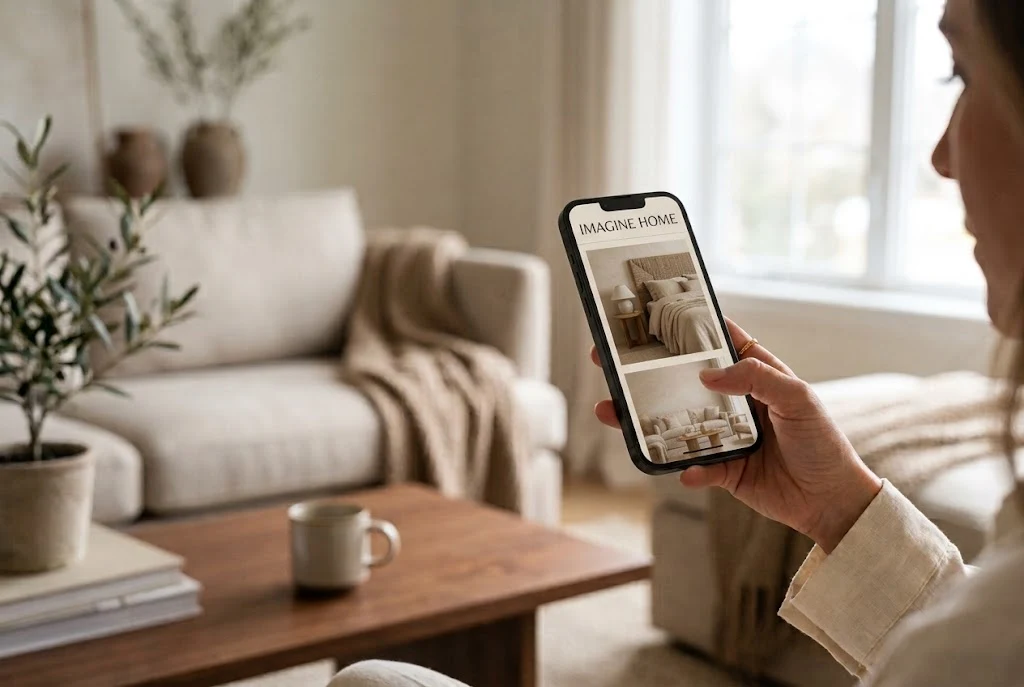A woman holds a phone showing the Imagine Home app, scrolling through styled interior photos, in a softly lit living room with a coffee cup nearby.