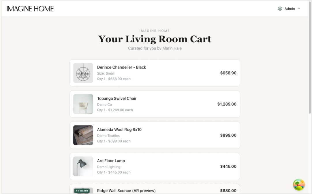 The client-facing cart, titled 'Your Living Room Cart', itemizing a chandelier, chair, rug, and lamp curated by a designer.
