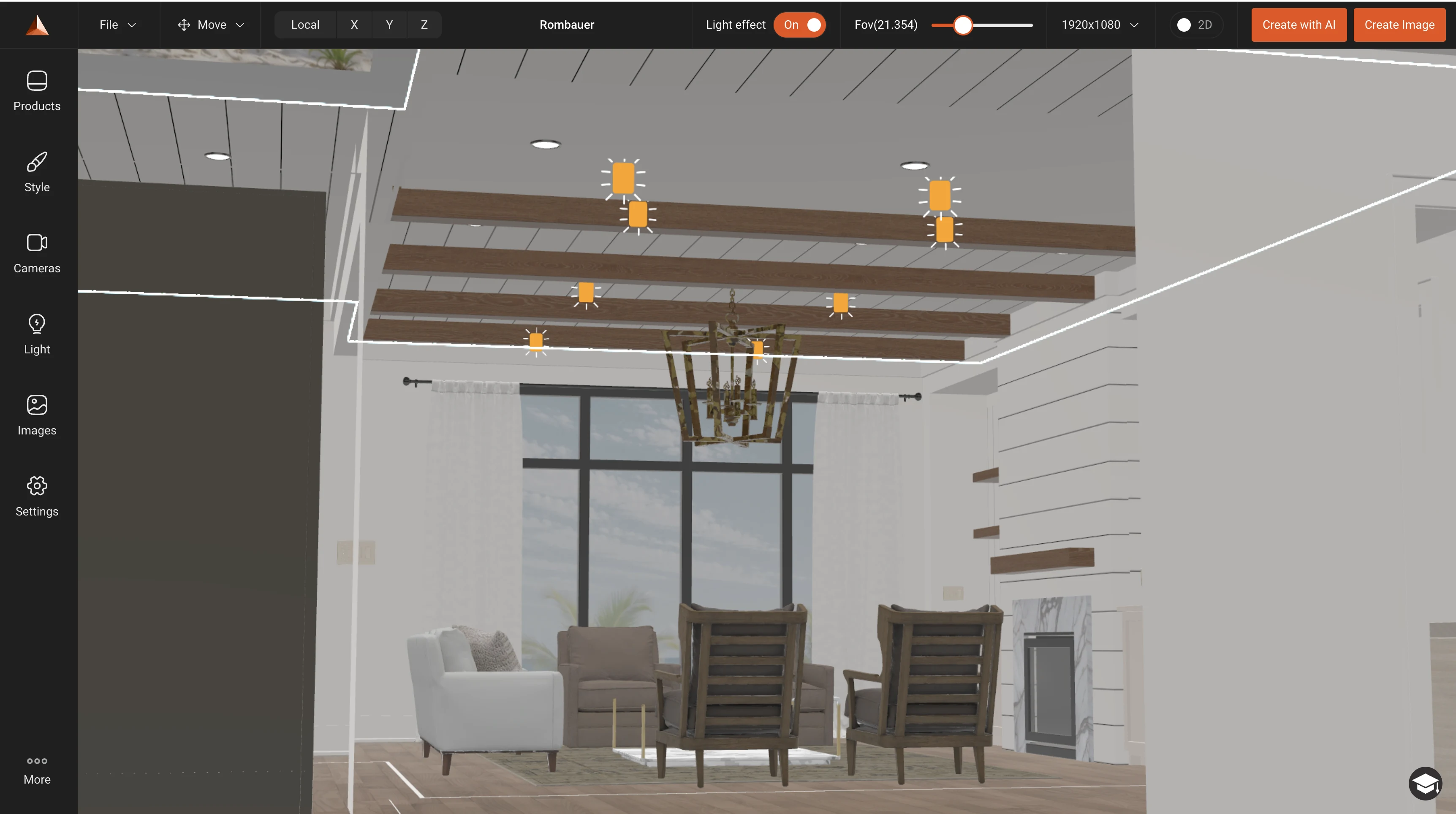 The in-house 3D design workspace, showing a dining room named 'Rombauer' with light fixtures placed and a Products/Style/Cameras/Light sidebar.