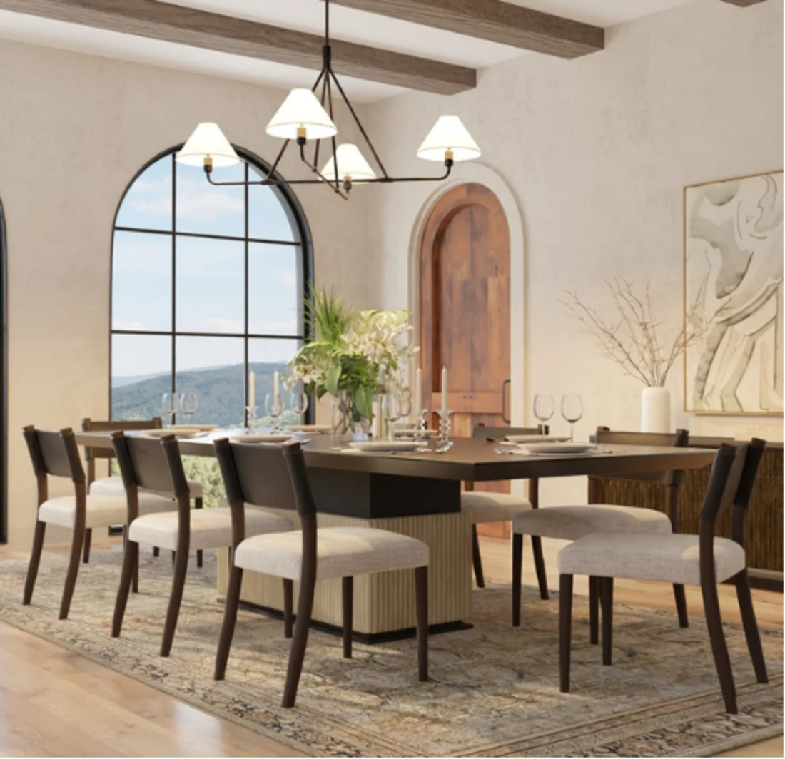 A photorealistic staged dining room with an arched window, chandelier, and a set table, generated in the platform.