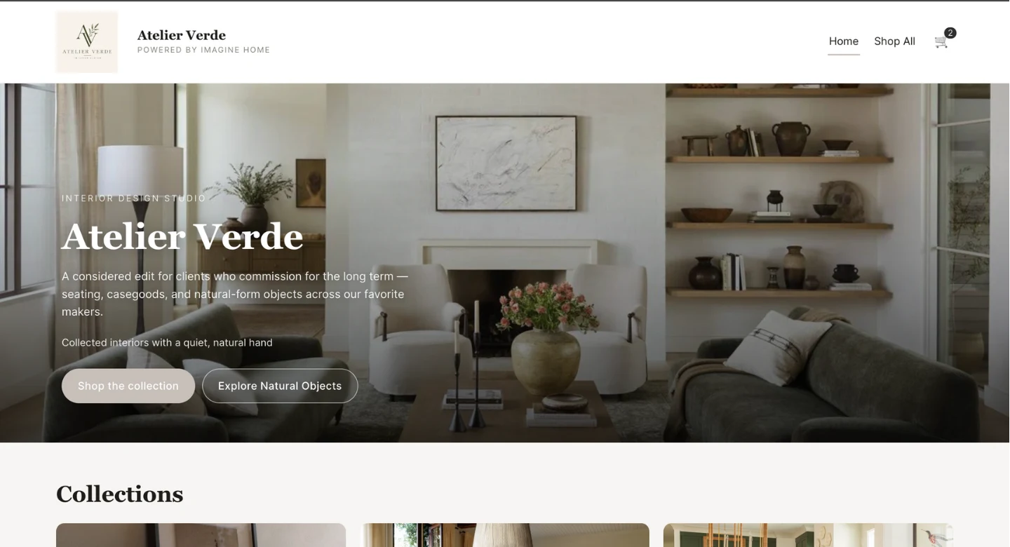 A designer's custom-branded Imagine Home storefront, headed Atelier Verde, showing the hero banner and a Collections grid.