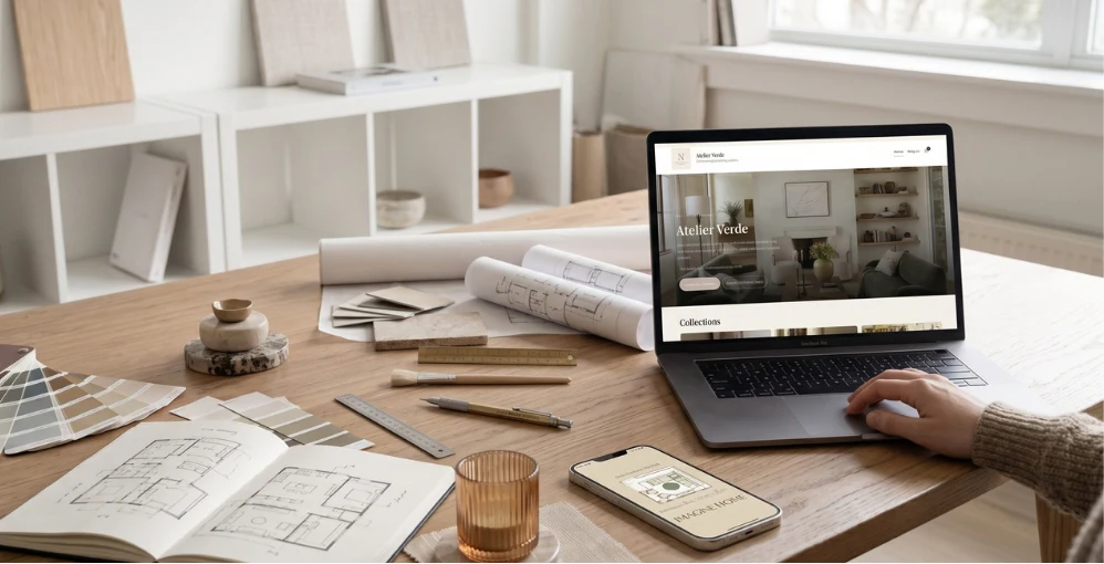 A laptop on a desk shows the Atelier Verde storefront, surrounded by paint swatches, fabric samples, a floor plan sketchbook, and a phone showing the Imagine Home app.